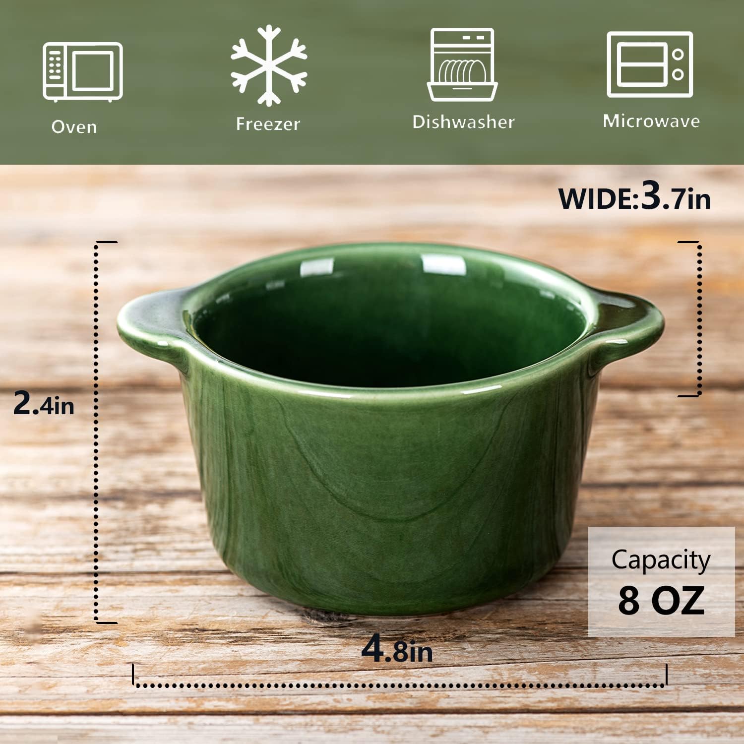 Creme Brulee Ramekins Ceramic Bowls - VICRAYS Mini Custard Cups 8 oz oven Safe Bowls Souffle Dishes for Baking Individual Casserole Dipping Sauce Pioneer Woman Bakeware Set of 6, Green