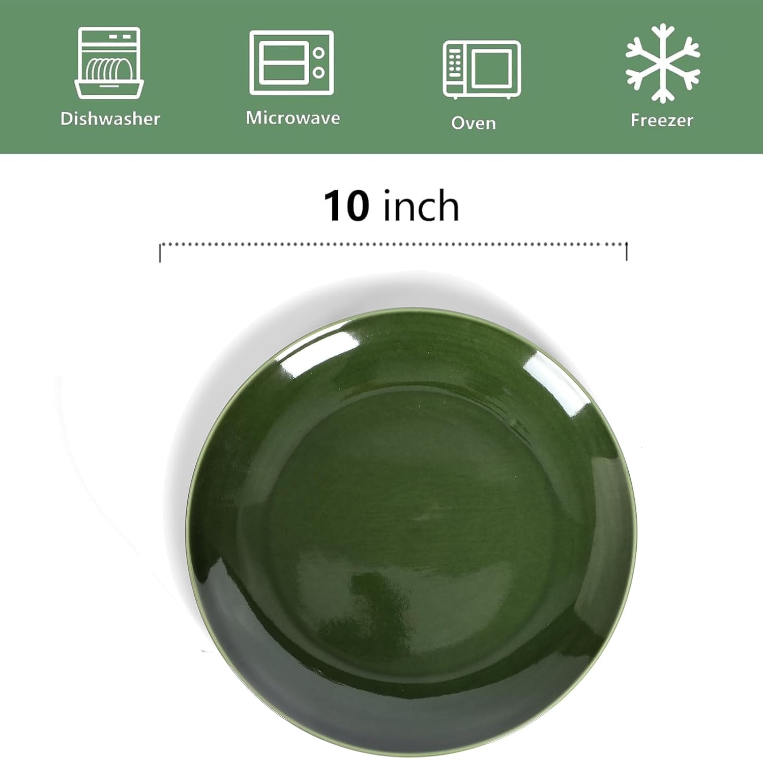 vicrays Ceramic Round Plates Set of 6 - Porcelain 10 inch Dinner Plates for Salad Dessert Appetizer Bread - Microwave Oven and Dishwasher Safe - Green