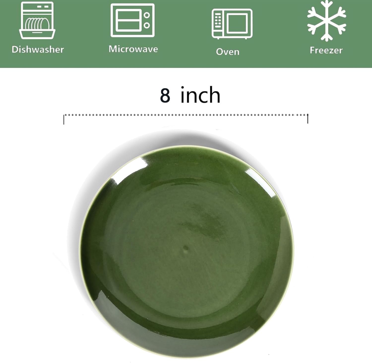 vicrays Ceramic Round Plates Set of 6 - Porcelain 8 inch Dinner Plates for Salad Dessert Appetizer Bread - Microwave Oven and Dishwasher Safe - Green