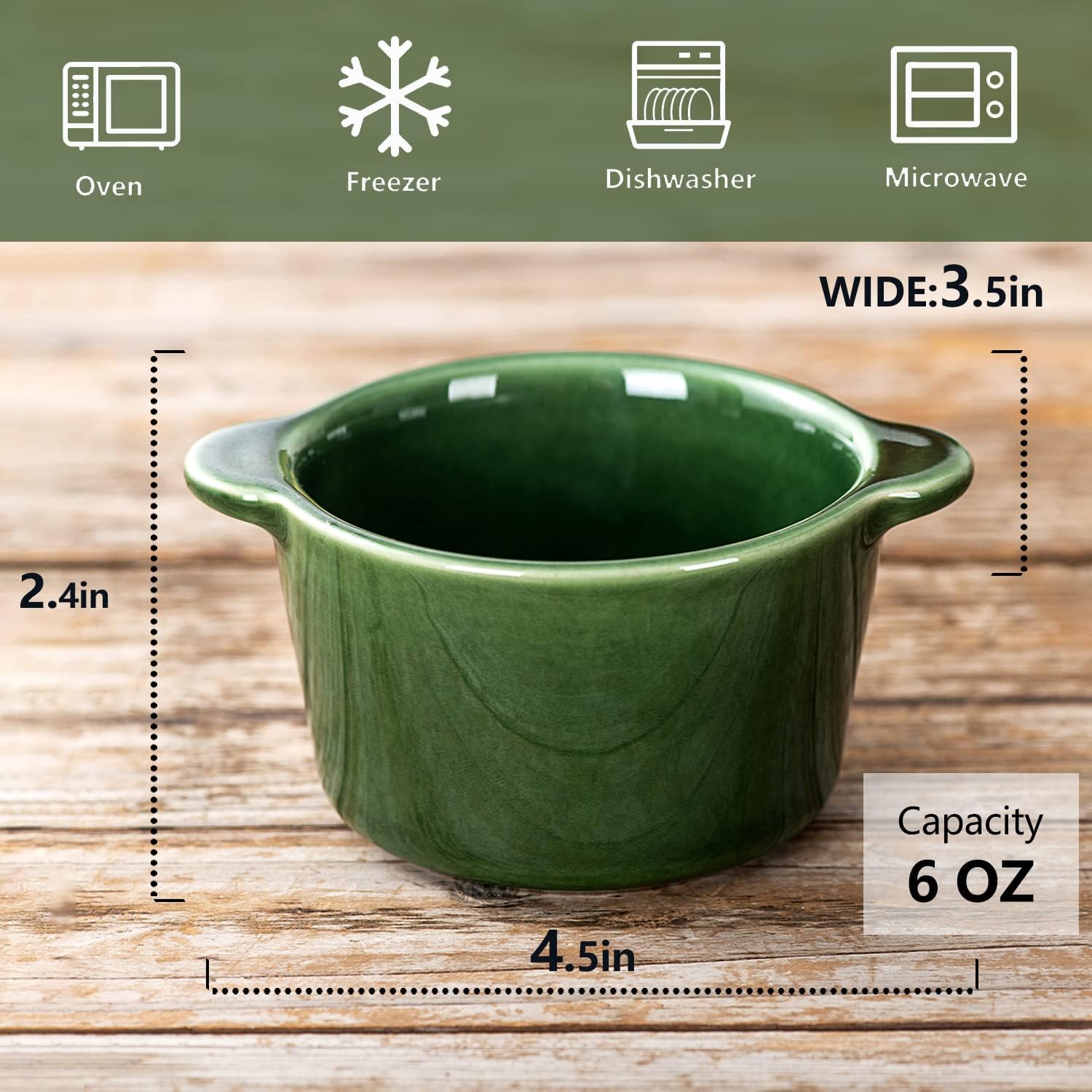 Creme Brulee Ramekins Ceramic Bowls - VICRAYS Mini Custard Cups 6 oz oven Safe Bowls Souffle Dishes for Baking Individual Casserole Dipping Sauce Pioneer Woman Bakeware Set of 6, Green
