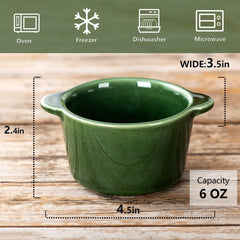 Creme Brulee Ramekins Ceramic Bowls - VICRAYS Mini Custard Cups 6 oz oven Safe Bowls Souffle Dishes for Baking Individual Casserole Dipping Sauce Pioneer Woman Bakeware Set of 6, Green