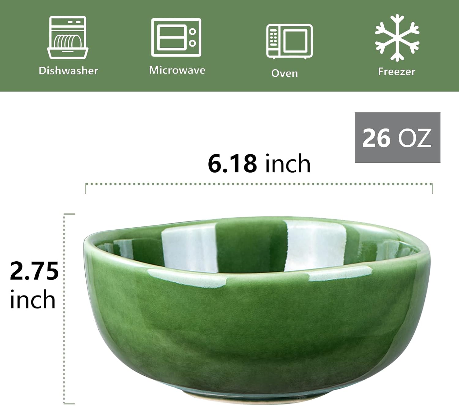 vicrays Ceramic Cereal Bowls Set - Porcelain 26 Ounce Soup Salad Bowls - Rice Dessert Cream Bowls Set - Chip Resistant Dishwasher Microwave Safe - Set of 6 (Green)
