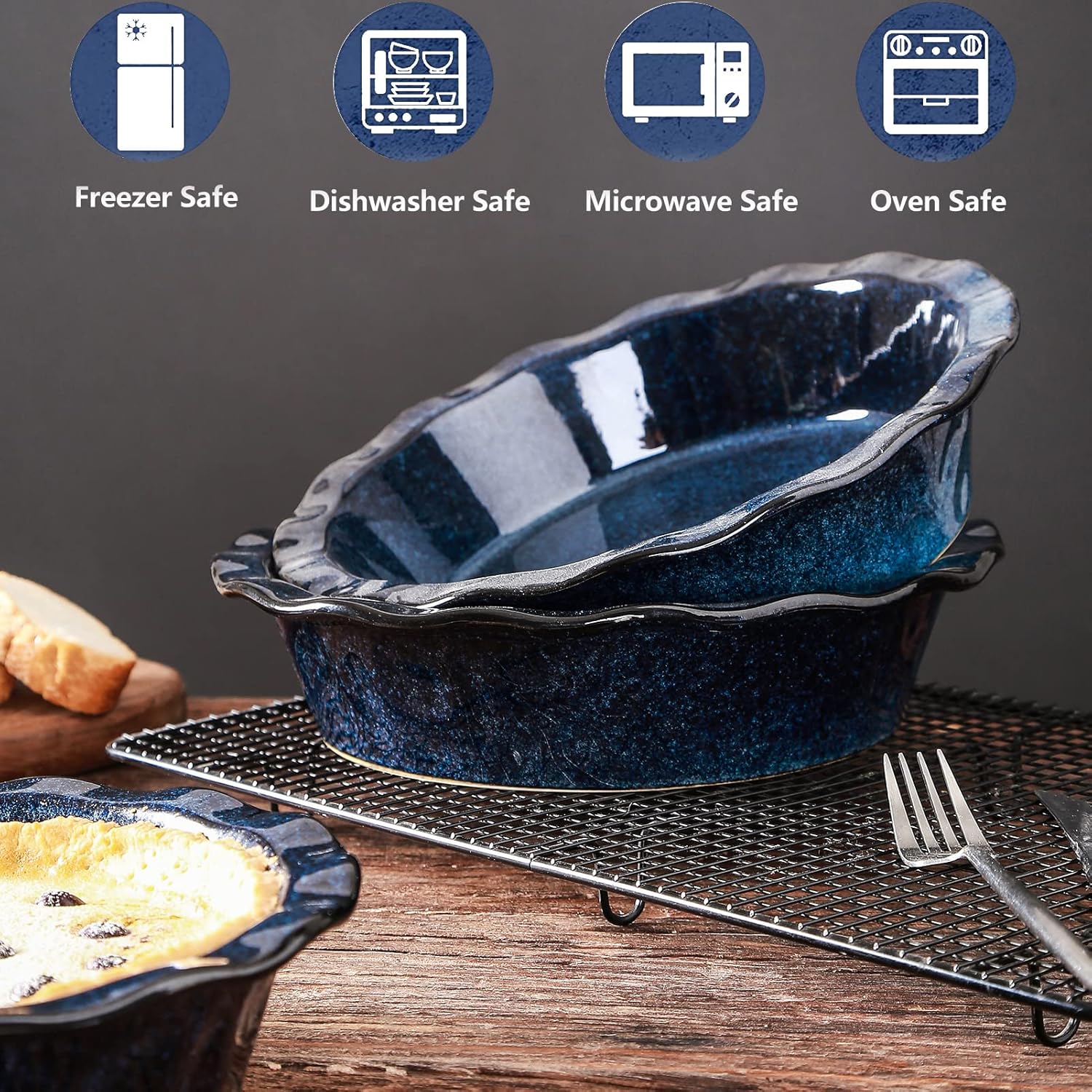vicrays Keramik-Kuchenform zum Backen – 23 cm große, runde, geriffelte und tiefe Kuchenplatte für Torte, Pizza, Apfelkuchen, Quiche, Fleischkuchen, Kuchen – Reaktivglasur (Sternenblau)