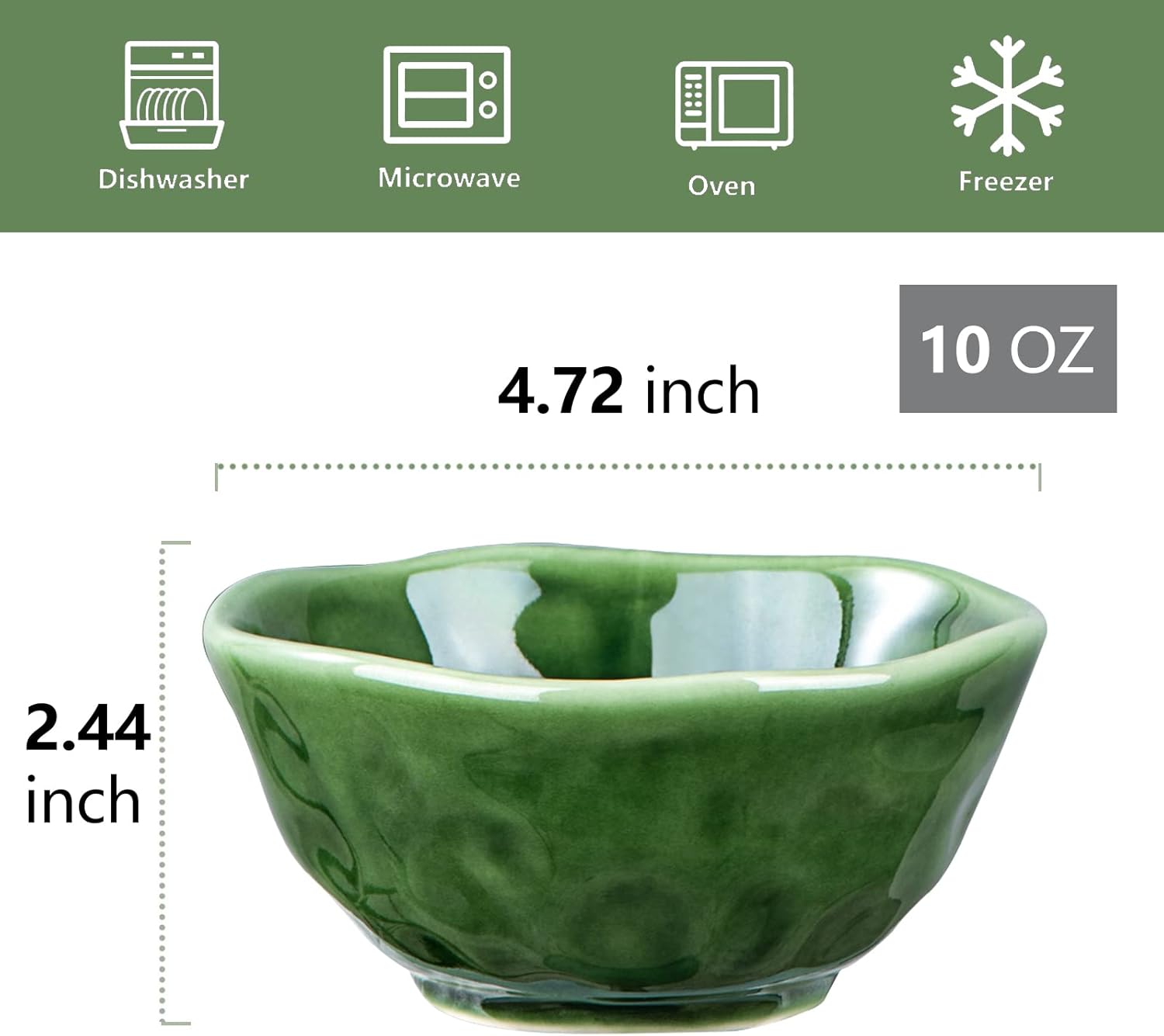 vicrays Ceramic Small Dessert Bowls Set - 10 oz, Set of 6, Microwave, Oven and Dishwasher Safe, for Rice, Ice Cream, Soup, Snacks, Cereal, Chili, Side Dishes etc, Kitchen Bowls Set(Green)