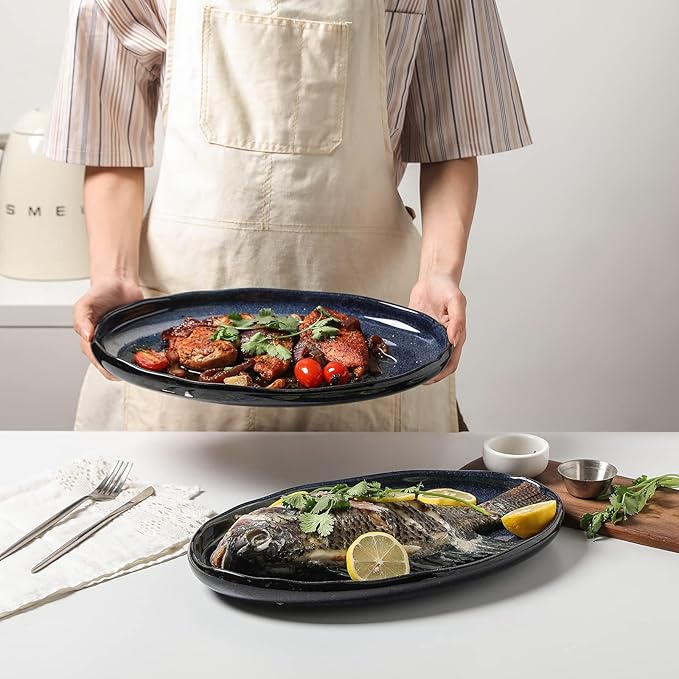 vicrays Servierplatte Keramisches Tablett Extra Große Ovale 36,8 cm Porzellan-Speiseplatten Langes Serviergeschirr Set für Partys, Restaurants, Speisen, Fleisch, Sushi, Fisch, Truthahnplatte