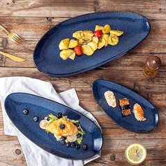 vicrays Large Oval Serving Platters, 16"/14"/10" Porcelain Serving Platters for Party, BBQ,Stackable Serving Trays Serving Plates for Appetizers, Sushi, Restaurant, Dessert, Set of 3 (Blue)