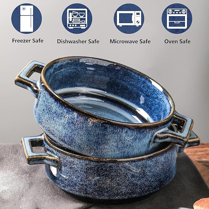 vicrays Keramik-Suppenschalen mit Griffen, 710 ml Porzellan-Suppentassen für französische Zwiebelsuppe, Müsli, Rindergulasch, Chili, Nudeln, Topfkuchen, mikrowellen- und ofenfest, 4er-Set (Blau)