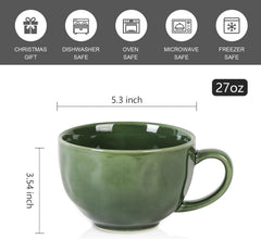 vicrays Jumbo Soup Mug Coffee Large - Ceramic Wide Oversized Extra Big Handle Bowls Latte Friends Mug Set Gaint Cereal Oatmeal Cappuccino Cup Set 27 oz -Green