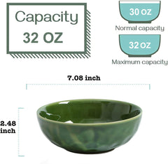 vicrays Ceramic Pasta Bowls Set, 32 Ounce Soup Bowls, Large Salad Bowls, Chip Resistant, Dishwasher Microwave Safe, Fluted stoneware Bowls for Kitchen, Serving Bowls, Set of 6 (Green)