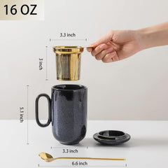 Ceramic Tea Cup Mug Infuser - VICRAYS Large 16 oz Hot Loose Steeping Handle Teacup with Leaf Infuser Spoon Lid - Blue Tall Glazed Strainer Coffee Mug Microwave Safe - Blue