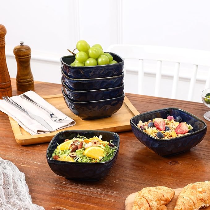vicrays Ceramic Square Bowls Set - 24 Ounce Soup Dessert Snack Bowls, Stoneware Fluted Bowls Set for Kitchen, Serving, Chip Resistant, Dishwasher Microwave Safe, Set of 6 (Starry Blue)