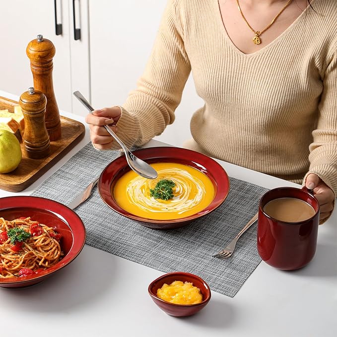 vicrays Wide Rim Soup Bowls - 27oz Ceramic Pasta Plates Bowl Set of 4 for Gumbo Salad Spaghetti Dipping Bread Dishes Home Restaurant Use - Microwave Dishwasher Oven Safe - Cherry Red