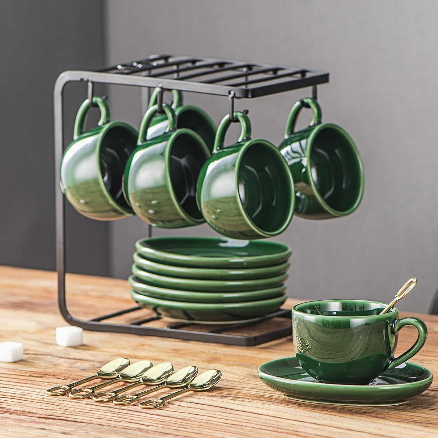 vicrays Ceramic Espresso Coffee Cups - 4 oz Porcelain Espresso Cups Set with Saucers Spoons and Metal Stand for Tea Cafe Cappuccino Latte - Set of 6 - Green