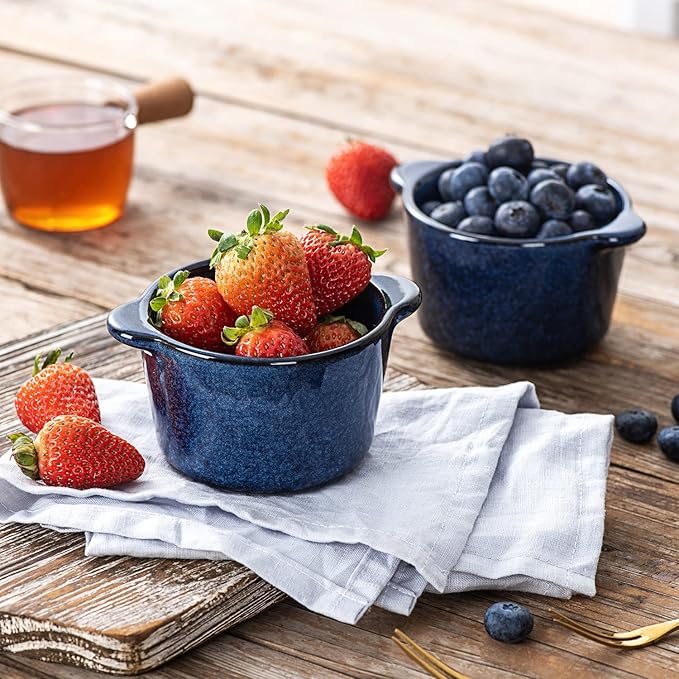 Creme Brulee Ramekins Ceramic Bowls - VICRAYS Mini Custard Cups 6 oz oven Safe Bowls Souffle Dishes for Baking Individual Casserole Dipping Sauce Pioneer Woman Bakeware Set of 6, Blue