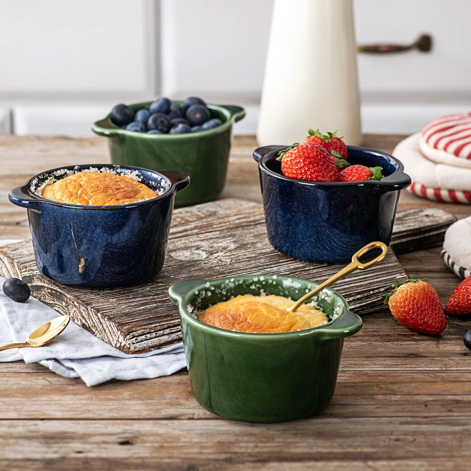Creme Brulee Ramekins Ceramic Bowls - VICRAYS Mini Custard Cups 8 oz oven Safe Bowls Souffle Dishes for Baking Individual Casserole Dipping Sauce Pioneer Woman Bakeware Set of 6, Green