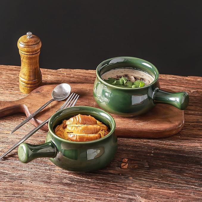 vicrays French Onion Soup Bowls With Handles, 26 Ounce for Soup, Chili, Beef Stew, Chip Resistant, Dishwasher Microwave Safe, Set of 4 (Green)