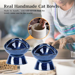Vicrays Ceramic Cat Bowl Set - Cat Food Feeding Bowls for Indoor Cats, Whisker Friendly Cute Cat Dish Plates, Microwave &amp; Dishwasher Safe, 2 Pack, 11 oz, 6.4 inch, Blue