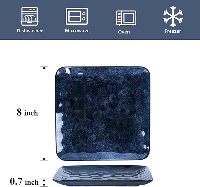 vicrays Ceramic Square Plates Set of 6 - Porcelain 8 inch Dinner Plates for Salad Dessert Appetizer Bread - Microwave Oven and Dishwasher Safe - Blue