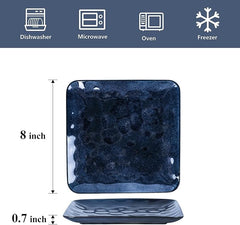 vicrays Ceramic Square Plates Set of 6 - Porcelain 8 inch Dinner Plates for Salad Dessert Appetizer Bread - Microwave Oven and Dishwasher Safe - Blue