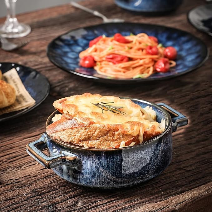 vicrays Keramik-Suppenschalen mit Griffen, 710 ml Porzellan-Suppentassen für französische Zwiebelsuppe, Müsli, Rindergulasch, Chili, Nudeln, Topfkuchen, mikrowellen- und ofenfest, 4er-Set (Blau)