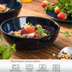vicrays Ceramic Salad Bowls Set for Kitchen, Serving - 32 Ounce Soup Bowls, Pasta Bowls, Chip Resistant, Dishwasher Microwave Safe, Large, Fluted, stoneware, Set of 4 (Blue)