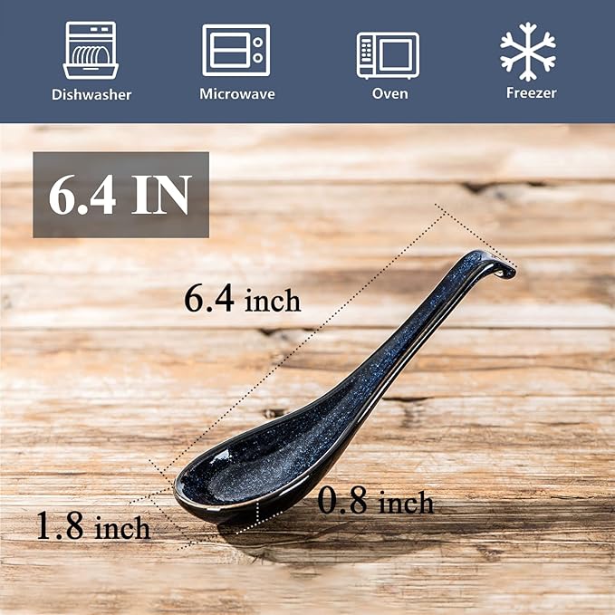 Vicrays Ceramic Soup Spoons Asian - Chinese Porcelain Soup Spoons Japanese 6.4 inch Ladle Serving Utensils for Ramen Dumplings Wonton Pho Miso Noodle Cereal Coffee Mugs - Set of 6 Blue
