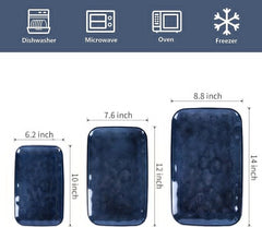 vicrays Keramik Rechteck Servierplatten - 35,5 cm, 30,5 cm, 25,4 cm Porzellan Servierplatten Teller für Party BBQ Vorspeisen Sushi Dessert - Mikrowellen- und Spülmaschinenfest - 3er-Set Blau