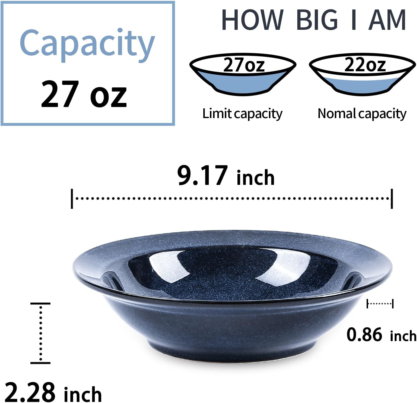 vicrays Wide Rim Soup Bowls - 27oz Ceramic Pasta Plates Bowl Set of 4 for Gumbo Salad Spaghetti Dipping Bread Dishes Home Restaurant Use - Microwave Dishwasher Oven Safe - Blue
