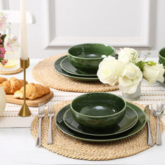 Vicrays Ceramic 12 Pieces Dinnerware Set - Dinner Plates Cereal Bowls Salad Plates Set Service for 4 - Scratch Resistant Dishwasher Safe Microwave Oven - Green
