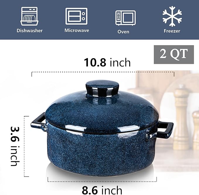 Vicrays Casserole Dish with Lid - Ceramic Lasagna Pan Deep 2 Quart Round Baking Dishes Covered Bakeware for Oven Safe Serving Dish with Handles for Party Dinner Banquet Daily Use (Blue)