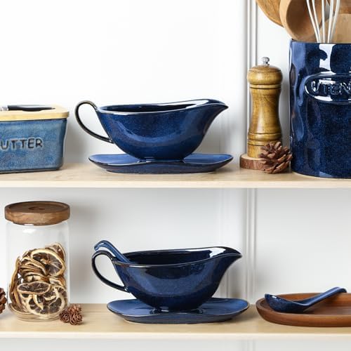 Vicrays Gravy Boat with Saucer - Large 17oz Ceramic Sauce Boat with Tray Set of 2 for Turkey Salad Dressings Creamer Milk Broth - Thanksgiving Christmas Holiday Serving Dishes - Blue