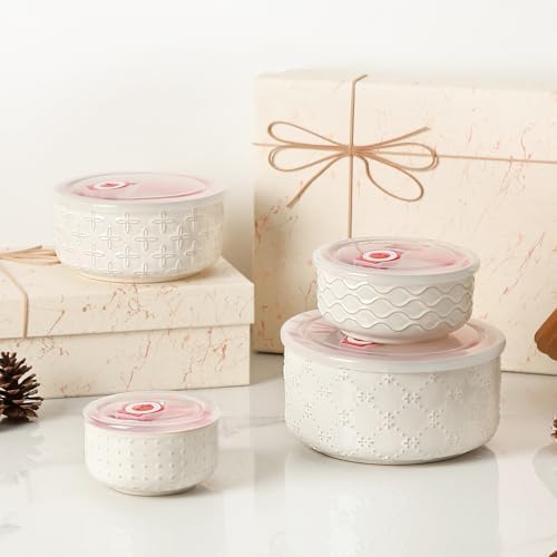 vicrays Ceramic Nesting Bowls with Lids, Set of 4, Embossed Serving Bowls for Food Storage, Popcorn, Salad etc, Microwave &amp; Dishwasher Safe, 10oz to 53oz