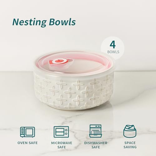 vicrays Ceramic Nesting Bowls with Lids, Set of 4, Embossed Serving Bowls for Food Storage, Popcorn, Salad etc, Microwave &amp; Dishwasher Safe, 10oz to 53oz