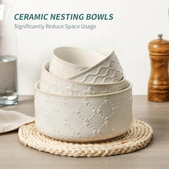 vicrays Ceramic Nesting Bowls with Lids, Set of 4, Embossed Serving Bowls for Food Storage, Popcorn, Salad etc, Microwave &amp; Dishwasher Safe, 10oz to 53oz