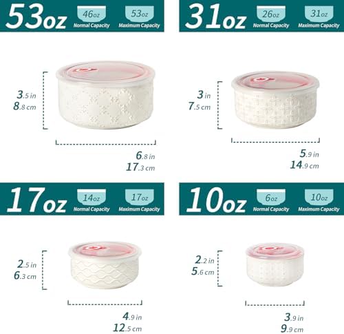 vicrays Ceramic Nesting Bowls with Lids, Set of 4, Embossed Serving Bowls for Food Storage, Popcorn, Salad etc, Microwave &amp; Dishwasher Safe, 10oz to 53oz