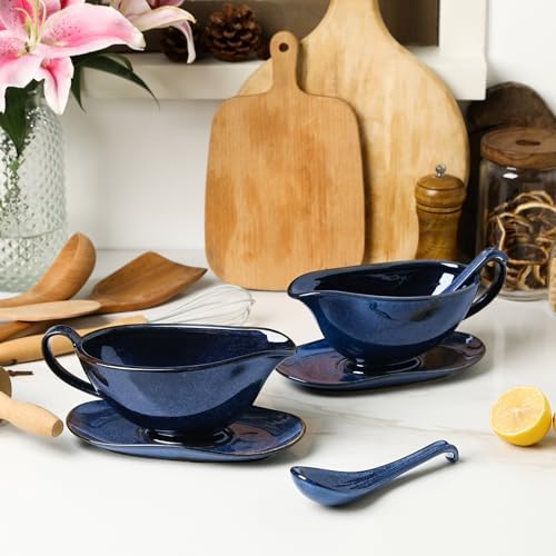 Vicrays Gravy Boat with Saucer - Large 17oz Ceramic Sauce Boat with Tray Set of 2 for Turkey Salad Dressings Creamer Milk Broth - Thanksgiving Christmas Holiday Serving Dishes - Blue