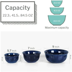 vicrays Ceramic Mixing Serving Bowl Set: Nesting Stoneware Kitchen Decorative Large Bowls for Prepping, Baking – Microwave Oven Dishwasher Safe – 9/7/5.7 inch, Set of 3 (Blue)