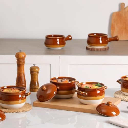 vicrays French Onion Soup Bowls with Lids and Handles, 18 Ounce for Soup, Beef Stew, Chili, Chip Resistant, Dishwasher Microwave Safe, Set of 4 (Brown)