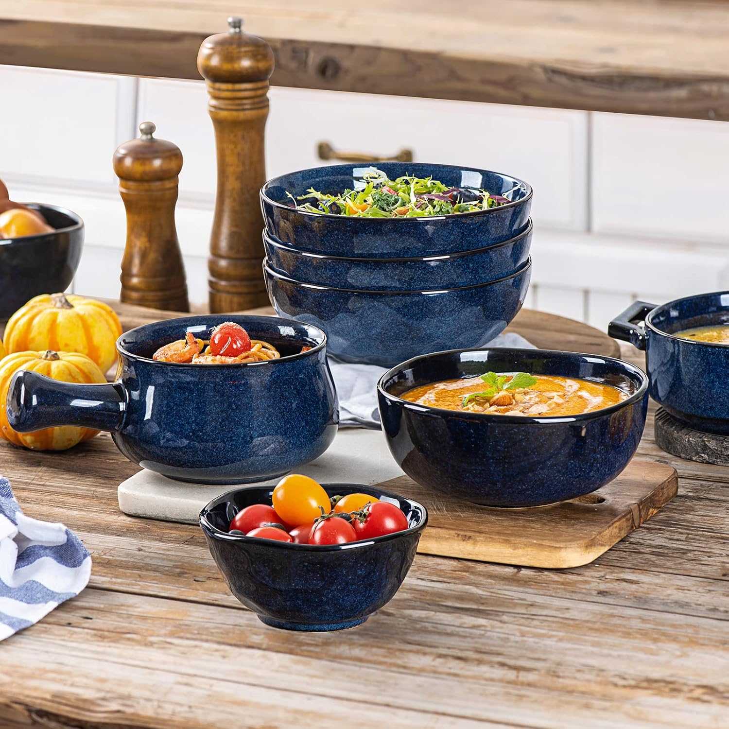 vicrays Ceramic Cereal Bowls - 26 Ounce Porcelain Soup Salad Rice Dessert Cream Set - Chip Resistant Dishwasher Microwave Safe - Set of 6 (Blue)
