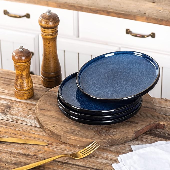 vicrays Ceramic Salad Plates Set - Porcelain 8 Inch Flat Dessert Appetizer Plate for Lunch Home Party Restaurant - Scratch Resistant Microwave Oven and Dishwasher Safe - Set of 6 (Blue)
