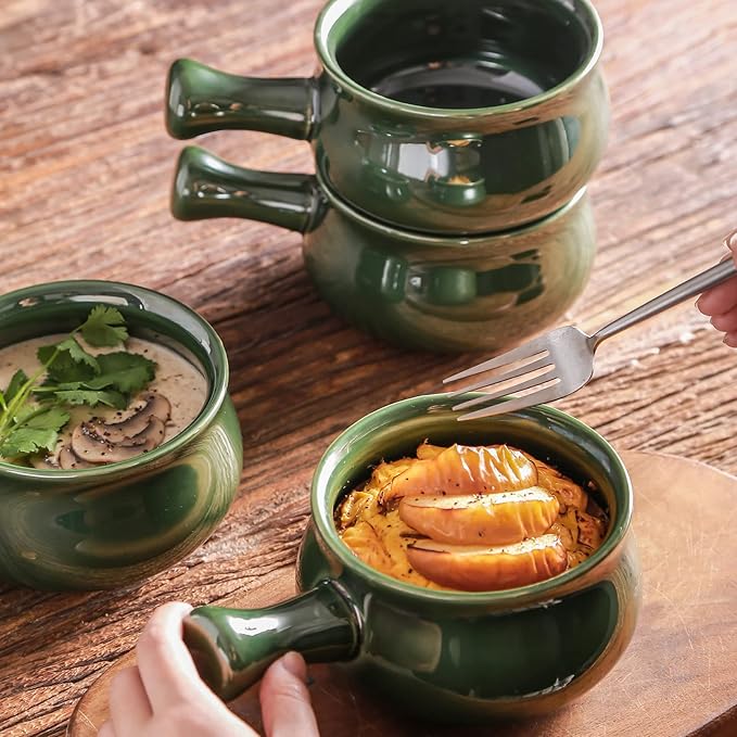vicrays French Onion Soup Bowls With Handles, 26 Ounce for Soup, Chili, Beef Stew, Chip Resistant, Dishwasher Microwave Safe, Set of 4 (Green)