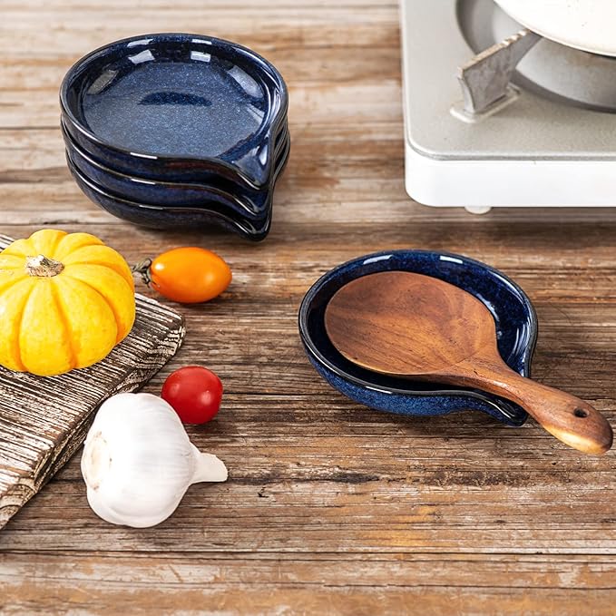 Ceramic Spoon Ladle Rest Coffee - VICRAYS Kitchen Stove Spoon Holder Spatula Cooking Accessories Farmhouse Utensil Rest Stove Spatula Decor for Countertop - Dishwasher Safe 5.2 Inches Blue Set of 4