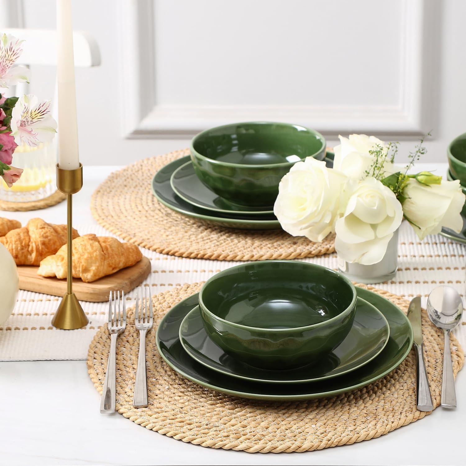 vicrays Ceramic Salad Bowls Set for Kitchen, Serving - 26 Ounce Soup Bowls, Pasta Bowls, Chip Resistant, Dishwasher Microwave Safe, Large, Fluted, stoneware, Set of 6 (Green)