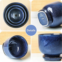vicrays Ceramic Plant Pots Indoor - 6.8/5.5/4.3 Inch Planter Pot with Drainage Hole and Saucer for Succulent Orchid Flower Herbs Cactus - Gardening Home Desktop Office Decor – Set of 3 Blue