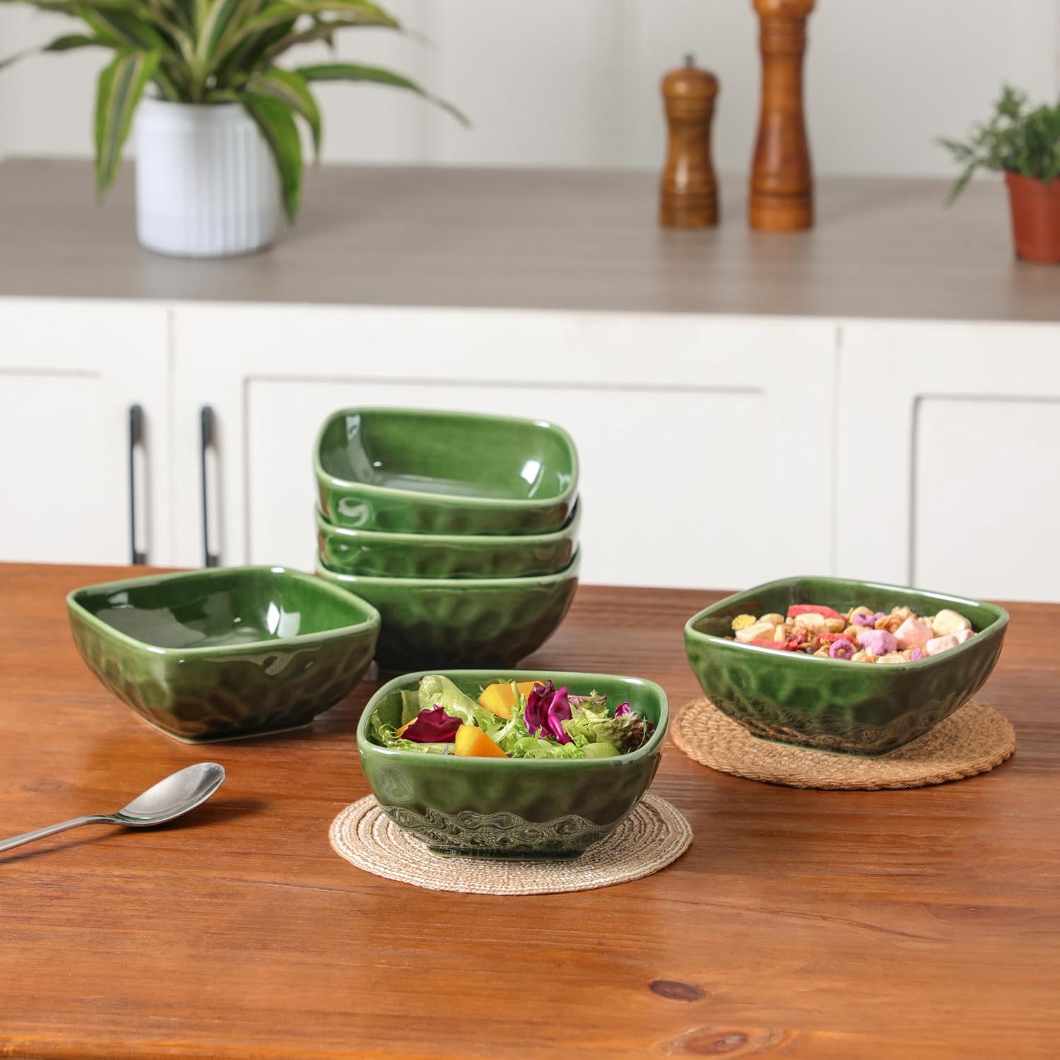 vicrays Ceramic Square Bowls Set - 24 Ounce Soup Dessert Snack Bowls, Stoneware Fluted Bowls Set for Kitchen, Serving, Chip Resistant, Dishwasher Microwave Safe, Set of 6 (Green)