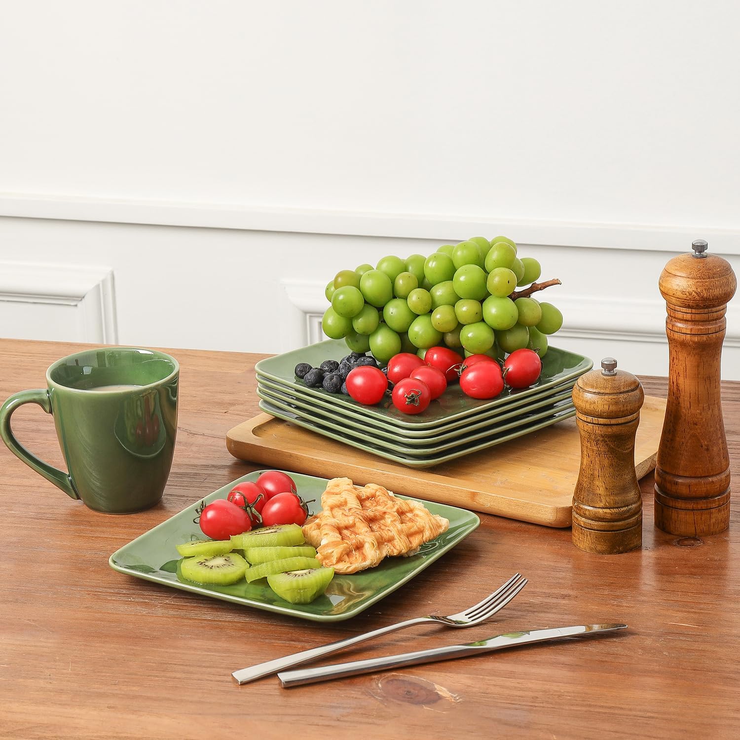 vicrays Keramik-Quadratische Teller, 6er-Set - Porzellan 20,3 cm Essteller für Salat, Dessert, Vorspeise, Brot - Mikrowellen- und Spülmaschinenfest - Grün