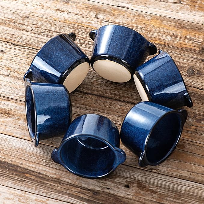 Creme Brulee Ramekins Ceramic Bowls - VICRAYS Mini Custard Cups 6 oz oven Safe Bowls Souffle Dishes for Baking Individual Casserole Dipping Sauce Pioneer Woman Bakeware Set of 6, Blue