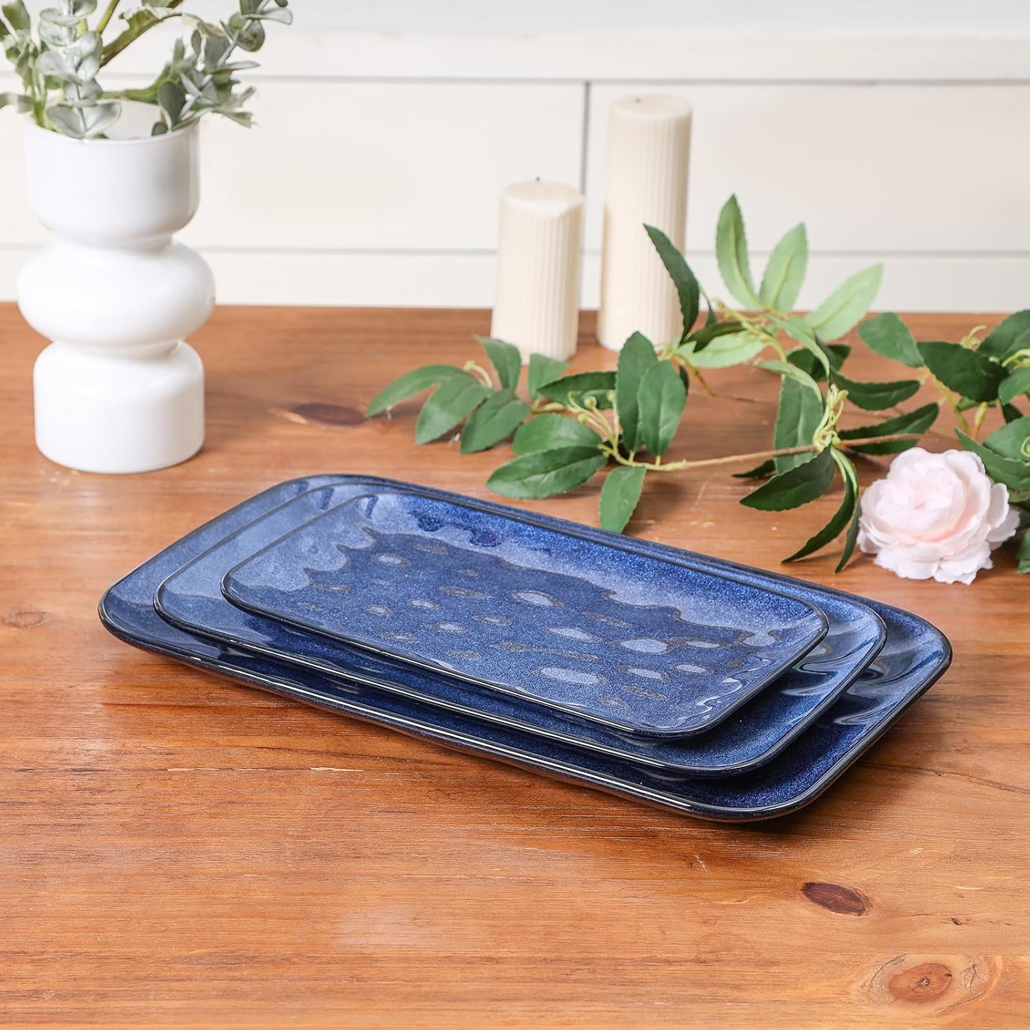 vicrays Keramik Rechteck Servierplatten - 35,5 cm, 30,5 cm, 25,4 cm Porzellan Servierplatten Teller für Party BBQ Vorspeisen Sushi Dessert - Mikrowellen- und Spülmaschinenfest - 3er-Set Blau