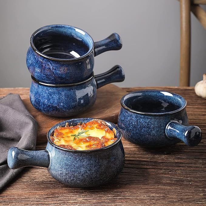 vicrays Französische Zwiebelsuppenschalen mit Griffen, 740 ml für Suppe, Chili, Rindfleischeintopf, bruchsicher, spülmaschinen- und mikrowellengeeignet, 4er-Set (Blau)