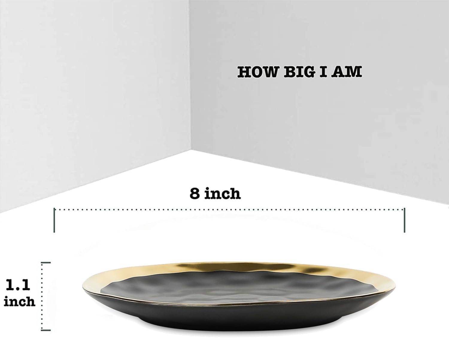 vicrays Ceramic Dessert Salad Plates, 8 Inch, Set of 6, Round, Dishwasher Safe, NOT Microwave Safe, Scratch Resistant, Suitable for Appetizer, Home, Restaurant (Black with Golden)